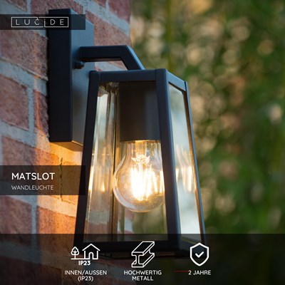 Lucide MATSLOT - Wandleuchte Innen/Außen - 1xE27 - IP23 - Schwarz